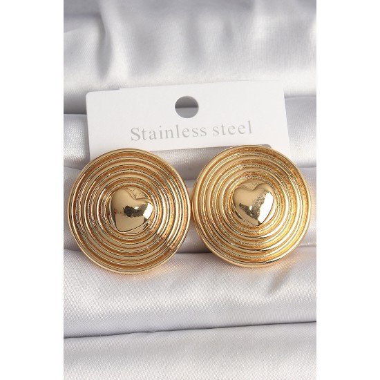 Pirinç Gold Renk Kalp İşlemeli Daire Plaka Model Kadın Küpe