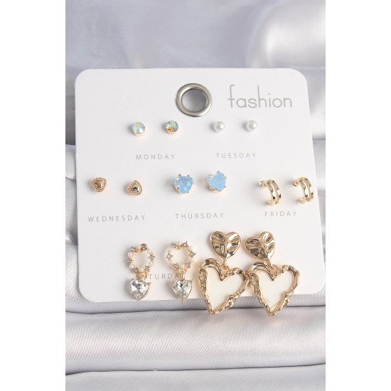 Pirinç Gold Renk Zirkon Taşlı Sallantı Beyaz Sedefli Kalp Model 7 Çift Kadın Küpe Seti