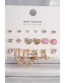 Pirinç Gold Renk Zirkon Taşlı Burug Halka Model İşlemeli Kalp Detay 9 Çift Kadın Küpe Seti