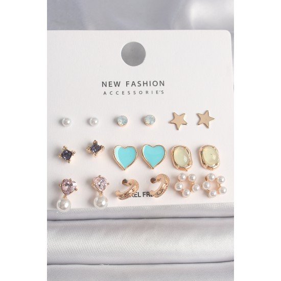 Pirinç Gold Renk Zirkon Taşlı İncili Çiçek Mavi Kalp Figür 9 Çift Kadın Küpe Seti Pirinç Gold Renk Zirkon Taşlı İncili Çiçek Mavi Kalp Figür 9 Çift Kadın Küpe Seti