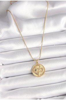 316L Çelik Gold Renk Topçuk Zincir Yılan İşlemeli Zirkon Taş Detaylı Madalyon Model Kadın Kolye