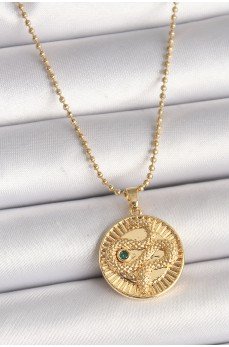 316L Çelik Gold Renk Topçuk Zincir Yılan İşlemeli Zirkon Taş Detaylı Madalyon Model Kadın Kolye