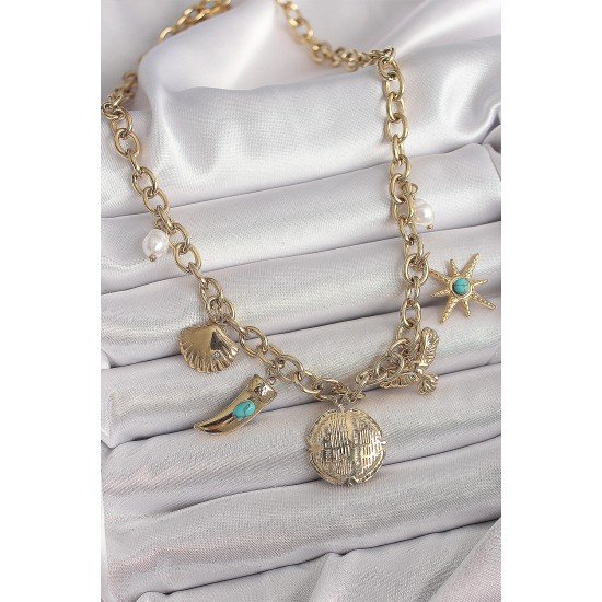 316L Çelik Gold Renk Zincir Sallantılı Çoklu Figür Model Kadın Kolye