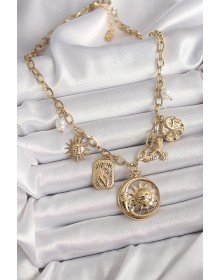 316L Çelik Gold Renk Halka Zincir Sallantı Ay Güneş Figür Kuş Detay Kadın Kolye