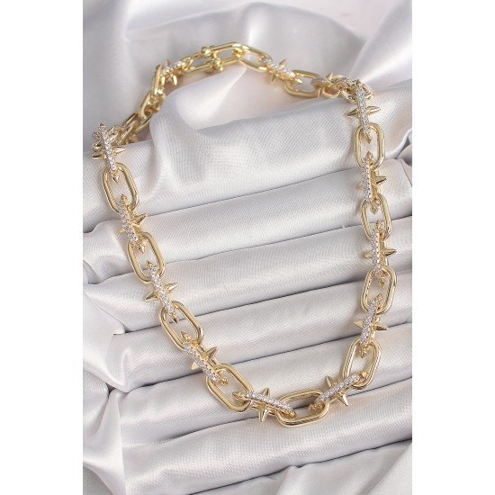 Pirinç Gold Renk Zirkon Taşlı Dikenli Halka Model VIP Exculusive Seri Kadın Kolye Pirinç Gold Renk Zirkon Taşlı Dikenli Halka Model VIP Exculusive Seri Kadın Kolye