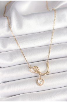 316L Çelik Gold Renk Zincir Zirkon Taşlı Düğüm Sallantı Kalp Model Kadın Kolye
