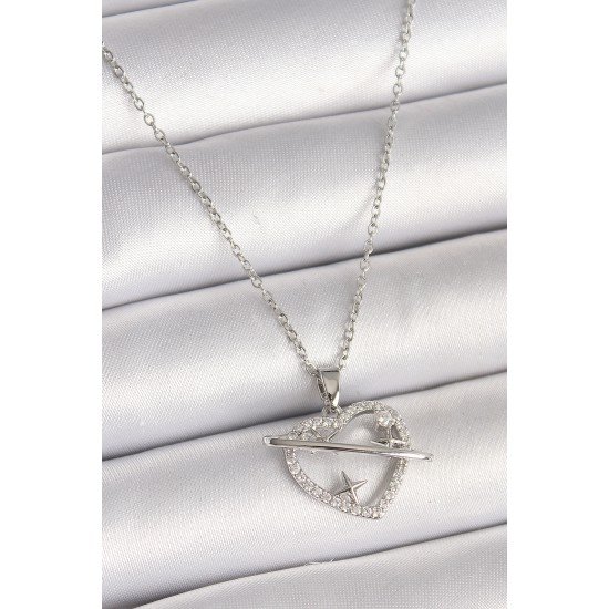 316L Çelik Gümüş Renk Zincir Zirkon Taşlı Kalp Model Yıldız Detay Kadın Kolye 316L Çelik Gümüş Renk Zincir Zirkon Taşlı Kalp Model Yıldız Detay Kadın Kolye