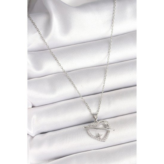 316L Çelik Gümüş Renk Zincir Zirkon Taşlı Kalp Model Yıldız Detay Kadın Kolye 316L Çelik Gümüş Renk Zincir Zirkon Taşlı Kalp Model Yıldız Detay Kadın Kolye