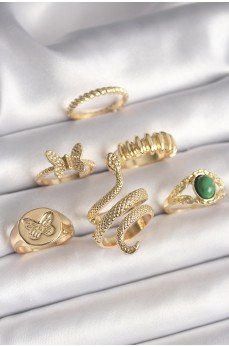 Pirinç Gold Renk İşlemeli Yılan Model Kelebek Detay 6'Lı Kadın Yüzük Seti Pirinç Gold Renk İşlemeli Yılan Model Kelebek Detay 6'Lı Kadın Yüzük Seti