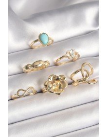 Pirinç Gold Renk Çiçek Model Model Sonsuzluk Zirkon Taş Detaylı 6'Lı Kadın Yüzük Seti