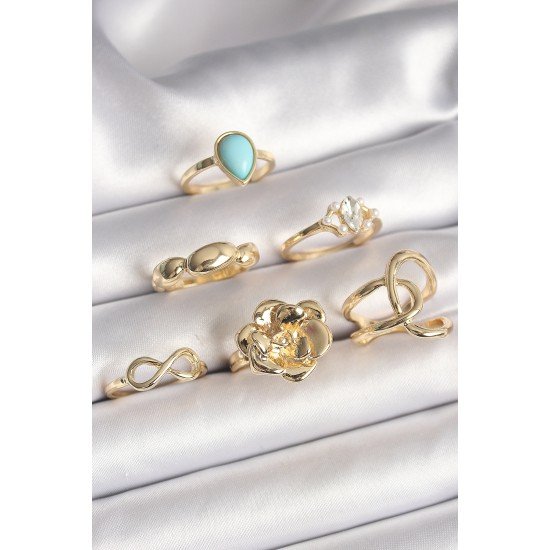 Pirinç Gold Renk Çiçek Model Model Sonsuzluk Zirkon Taş Detaylı 6'Lı Kadın Yüzük Seti