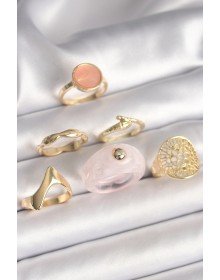 Pirinç Gold Renk Pembe Plastik Yüzük Model Daire Pembe Mine Yılan Detay 6'Lı Kadın Yüzük Seti