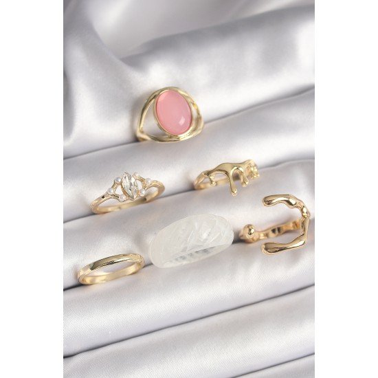 Pirinç Gold Renk Zirkon Taş Detaylı Pembe Mineli 6'Lı Kadın Yüzük Seti Pirinç Gold Renk Zirkon Taş Detaylı Pembe Mineli 6'Lı Kadın Yüzük Seti