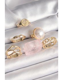 Pirinç Gold Renk Daire 3D İncili Figür Zincir Model Gül İşleme Detaylı 6'Lı Kadın Yüzük Seti