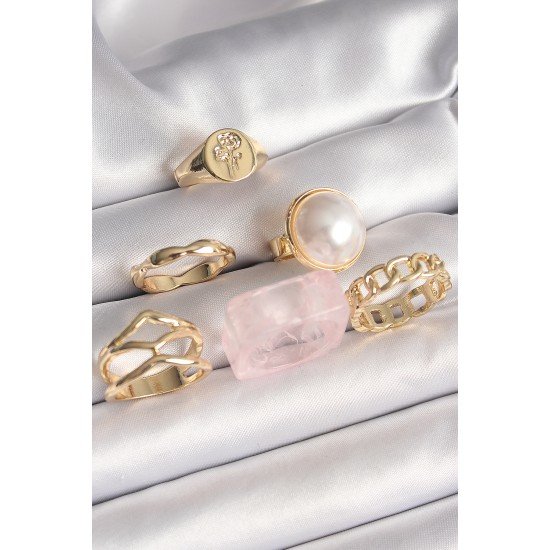 Pirinç Gold Renk Daire 3D İncili Figür Zincir Model Gül İşleme Detaylı 6'Lı Kadın Yüzük Seti