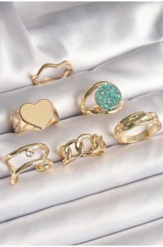 Pirinç Gold Renk Zirkon Taşlı Kalp Plaka Figür Mavi Simli Detay 6'Lı Kadın Yüzük Seti