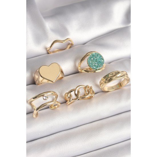 Pirinç Gold Renk Zirkon Taşlı Kalp Plaka Figür Mavi Simli Detay 6'Lı Kadın Yüzük Seti