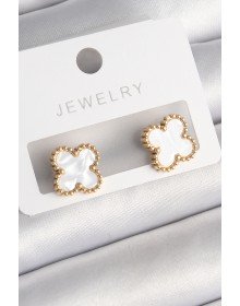 316L Çelik Gold Renk Beyaz Minelik Yonca Model Kadın Küpe