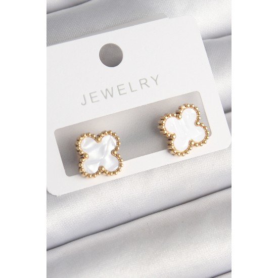 316L Çelik Gold Renk Beyaz Minelik Yonca Model Kadın Küpe