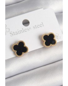 316L Çelik Gold Renk Siyah Yonca Model Kadın Küpe