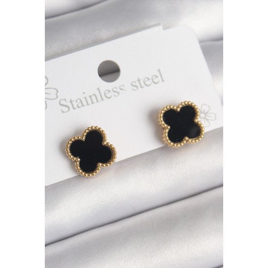 316L Çelik Gold Renk Siyah Yonca Model Kadın Küpe