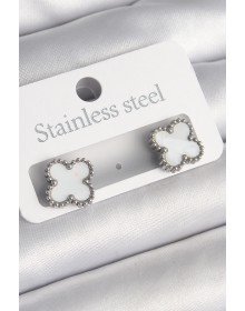 316L Çelik Gümüş Renk Beyaz Yonca Model Kadın Küpe