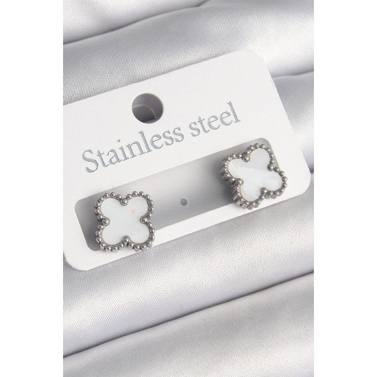 316L Çelik Gümüş Renk Beyaz Yonca Model Kadın Küpe 316L Çelik Gümüş Renk Beyaz Yonca Model Kadın Küpe