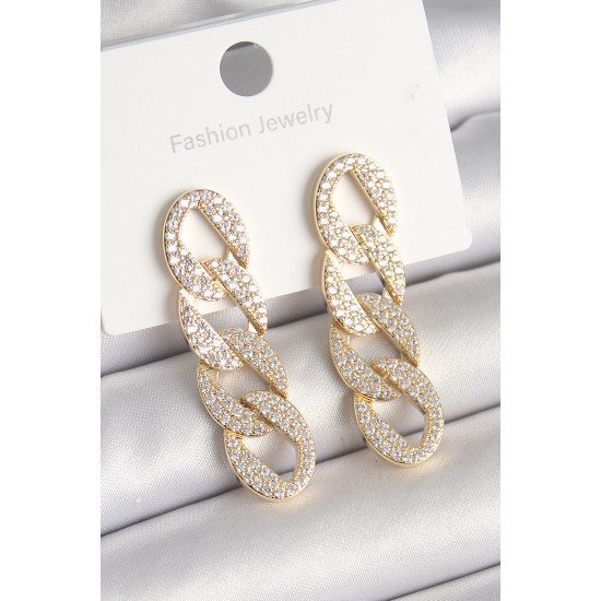 Pirinç Gold Renk Zirkon Taşlı Zincir Model Kadın Küpe