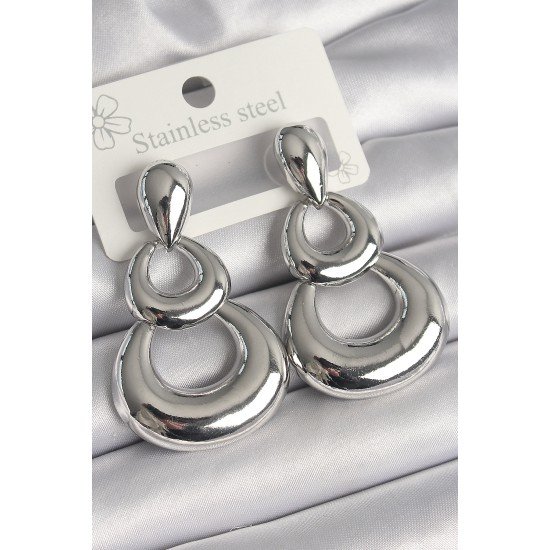 Pirinç Gümüş Renk Damla Detay Sallantı Halka Model Kadın Küpe