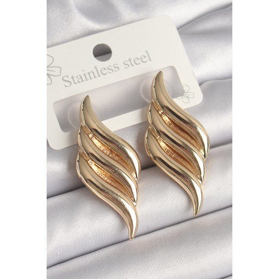 Pirinç Gold Renk 3 Sıra Dalga Model Kadın Küpe