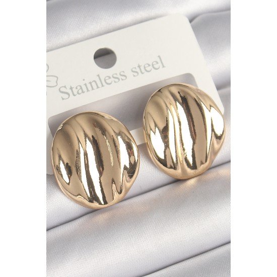 Pirinç Gold Renk İşlemeli Daire Plaka Model Kadın Küpe