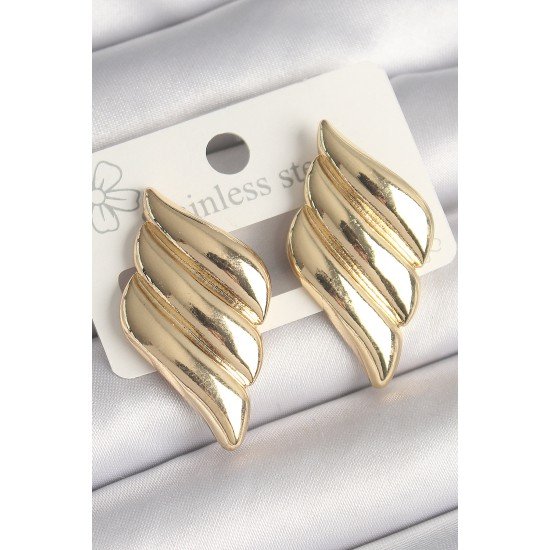 Pirinç Gold Renk 3 Sıralı Dalgalı Model Kadın Küpe