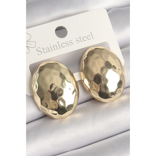 Pirinç Gold Renk İşlemeli Bombe Oval Model Kadın Küpe