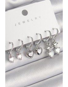 Pirinç Gümüş Renk Sallantı Zirkon Taşlı Kalp Model Taç Detay Kadın Küpe Seti
