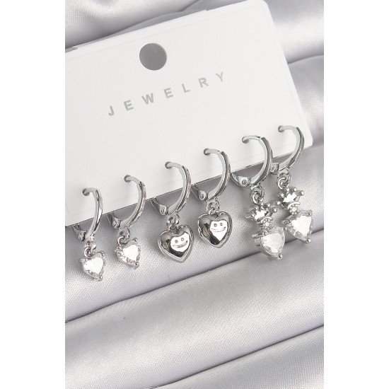 Pirinç Gümüş Renk Sallantı Zirkon Taşlı Kalp Model Taç Detay Kadın Küpe Seti