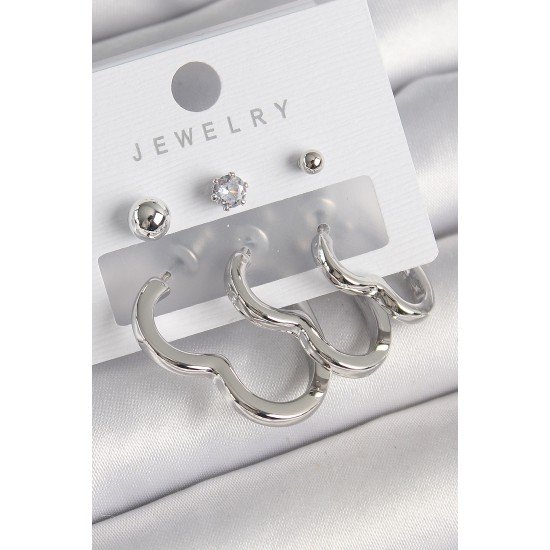 Pirinç Gümüş Renk Kalp Model Zirkon Taş Topçuk Detay Kadın Küpe Seti