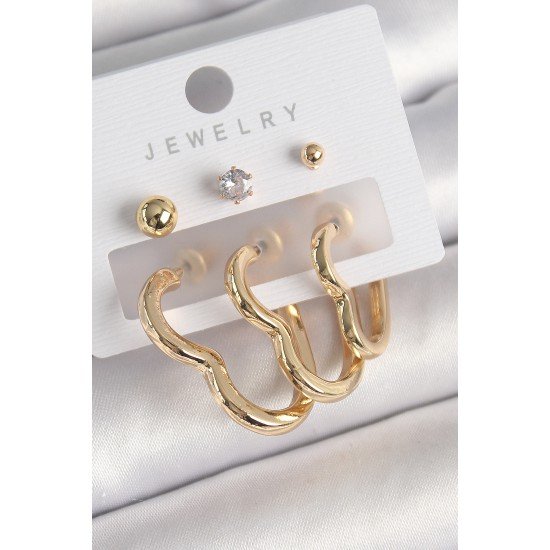 Pirinç Gold Renk Kalp Model Zirkon Taşlı Topçuk Detay Kadın Küpe Seti