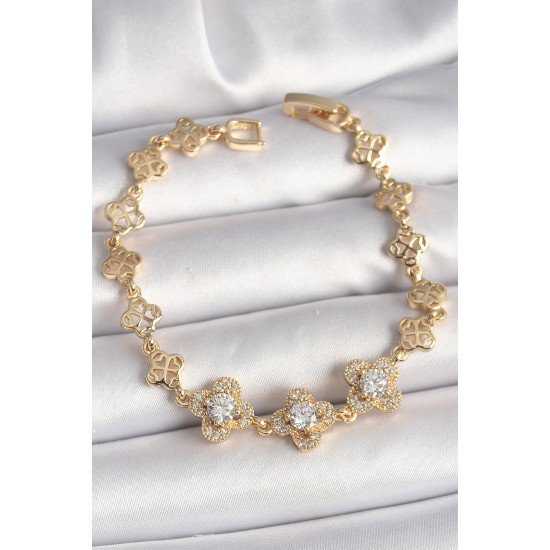Pirinç Gold Renk Zirkon Taşlı Yonca Model Kadın Bileklik