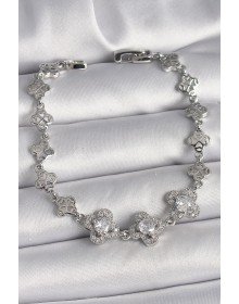 Pirinç Gümüş Renk Zirkon Taşlı Yonca Model Kadın Bileklik