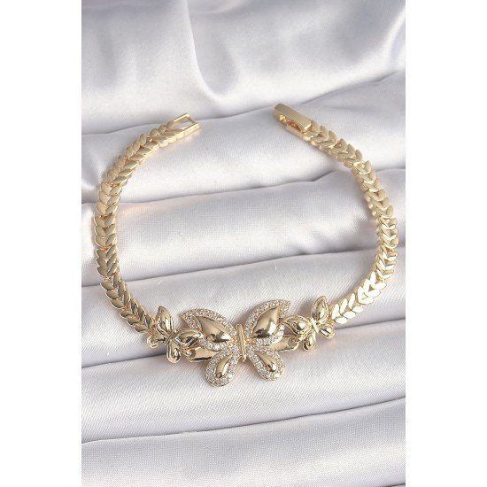 Pirinç Gold Renk Zirkon Taşlı Kelebek Model Kadın Bileklik