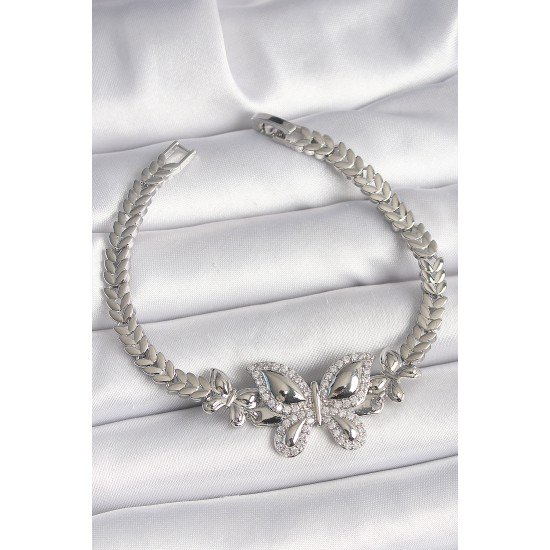 Pirinç Gümüş Renk Zirkon Taşlı Kelebek Model Kadın Bileklik