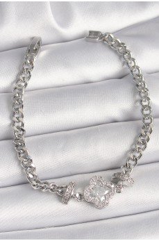 Pirinç Gümüş Renk Zirkon Taşlı Yonca Figür Zincir Model Kadın Bileklik