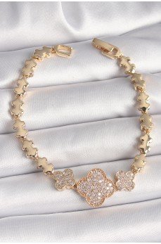 Pirinç Gold Renk Zirkon Taşlı Yonca Model Zincir Kadın Bileklik Pirinç Gold Renk Zirkon Taşlı Yonca Model Zincir Kadın Bileklik