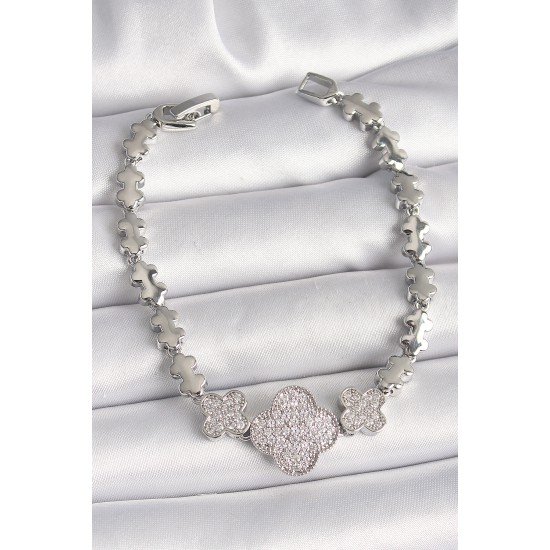 Pirinç Gümüş Renk Zirkon Taşlı Yonca Model Zincir Model Kadın Bileklik