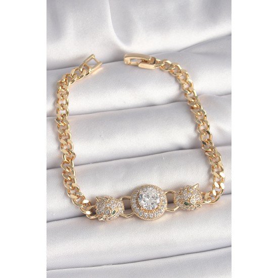 Pirinç Gold Renk Zirkon Taşlı Leopar Figür Zincir Model Kadın Bileklik