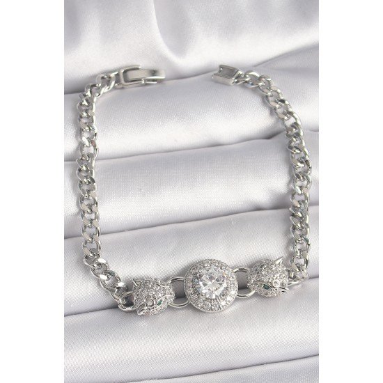 Pirinç Gümüş Renk Zirkon Taşlı Leopar Figür Zincir Model Kadın Bileklik