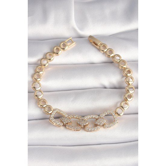 Pirinç Gold Renk Zirkon Taşlı Daire Zincir Model Kadın Bileklik Pirinç Gold Renk Zirkon Taşlı Daire Zincir Model Kadın Bileklik