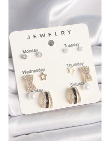 Pirinç Gold Renk Zirkon Taş Yıldız Detaylı İncili 7'Li Set Kadın Küpe Seti