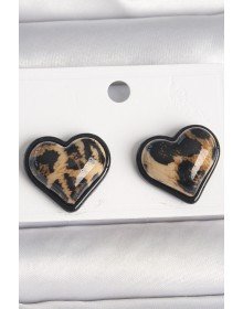 Pirinç Siyah Renk Leopar Desen 3D Kalp Model Kadın Küpe