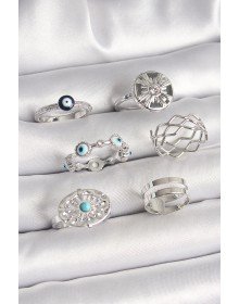 Pirinç Gümüş Renk Nazar Boncuk Zirkon Taş Detaylı Dalga Figür Kadın Yüzük Kombini